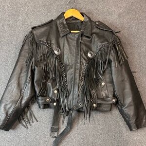 Vintage First Genuine Leather Black Belted Fringe Motorcycle Jacket XL Western